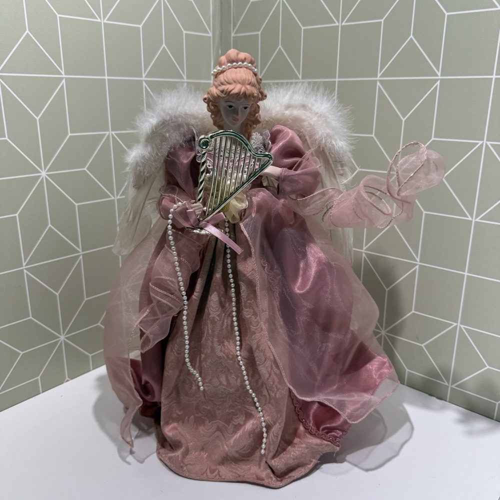 Vintage - 1982 Angel Christmas Tree Topper Ceramic Head‎ & Hands Pink Dress